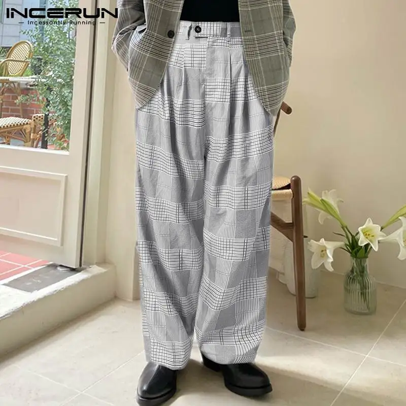 

INCERUN корейский стиль Мужская мода горячая Распродажа клетчатые брюки стильные мужские повседневные уличные брюки с широкими штанинами