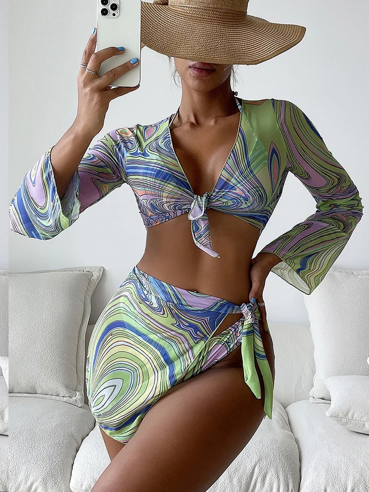 Комплект бикини с абстрактным жидким узором купальник и накидка топ юбкой 4 шт. |