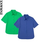 xnwmnz 2022 summer women fashion satin solid color shirt retro short sleeve side split button female chic shirt
