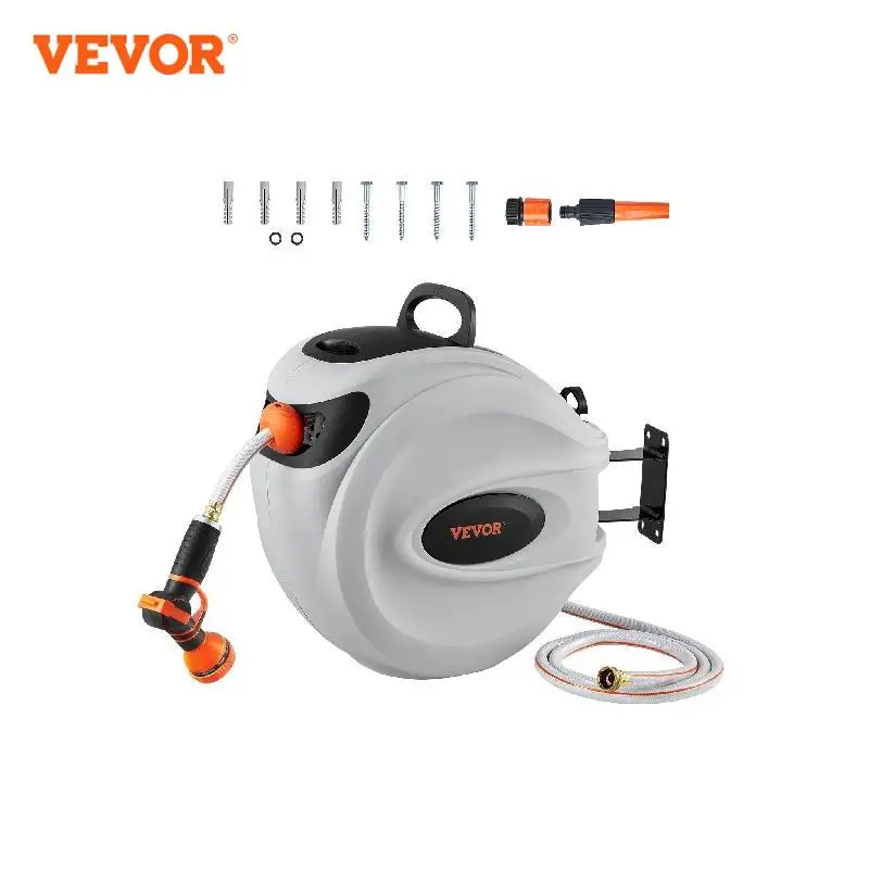 VEVOR Retractable Hose Reel 180° Swivel Bracket Wall-Mounted Garden Water Hose Reel with 9-Pattern Nozzle Automatic Rewind