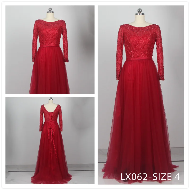 

Clearance Burgundy Evening Dress Party Women Full Sleeves O-neck Beading Lace Lace up Floor-length Long Train Party Dress LX062