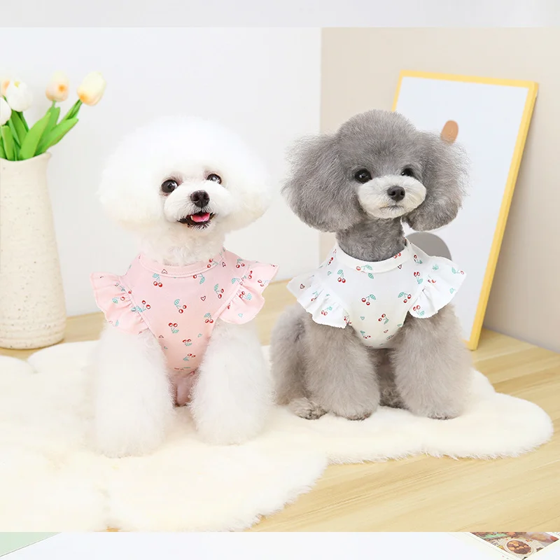 

Ins New Dog Clothes Lace T-shirt Small and Medium Dog Schnauzer Floral Top Cartoon Cherry Pet Vest Summer Pet Clothes