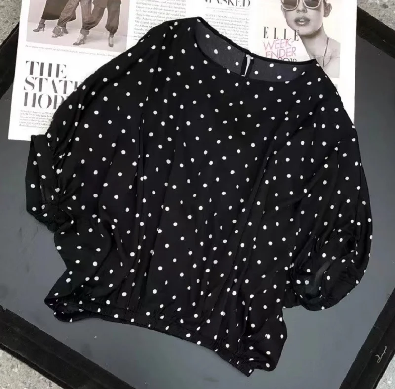 

Tops Fashion Silk Blouses 2023 Autumn Blouse Ladies Batwing Sleeve Polka Dot Prints Back Bow Deco Casual Loose Black Silk Tops