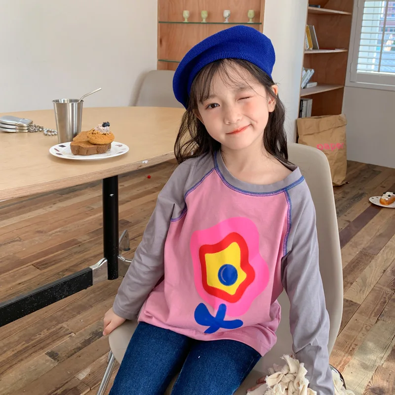 

2022 Autumn New Children Top Baby Girs Pink Grey Printed Flower Patchwork Sleeve T Shirt