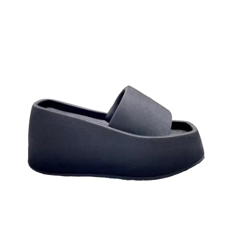 High version thick sole slippers, 2023 Summer sponge cake shoes,extra height, versatile, solid color, one line slipper for women