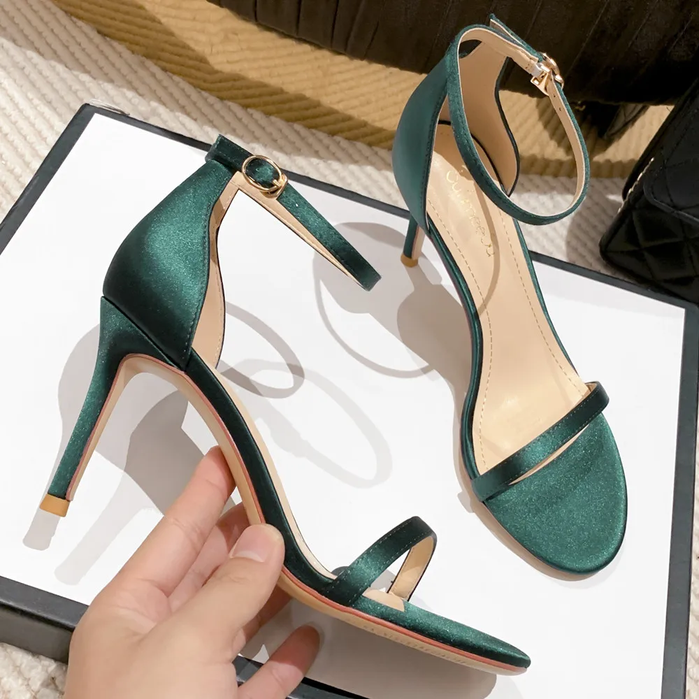 2022 New Summer Elegant Women Silk Blue Wine Red 8cm Thin High Heels Fashion Wedding Party Banquet Shoes Big Size Sandals O0017