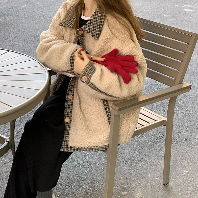 Vintage Stitching Lamb Fur Women's Coat Loose Fashion Thick Warm Women Cotton Padded Clothes Casual Ladies Winter Outerwear 2022