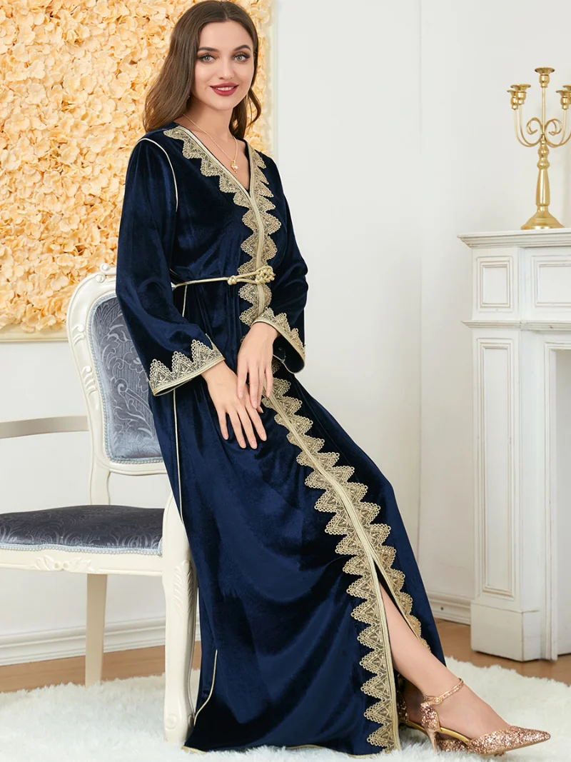 Winter Dresses Moroccan Kaftan Women Velvet Belted Muslim Party Evening Long Dress Dubai Turkish Abayas Navyblue