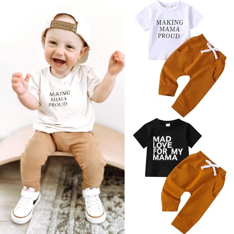 

0-3Y Infant Baby Boys 2pcs Clothes Sets Letter Short Sleeve T Shirts+Solid High Waist Long Pants