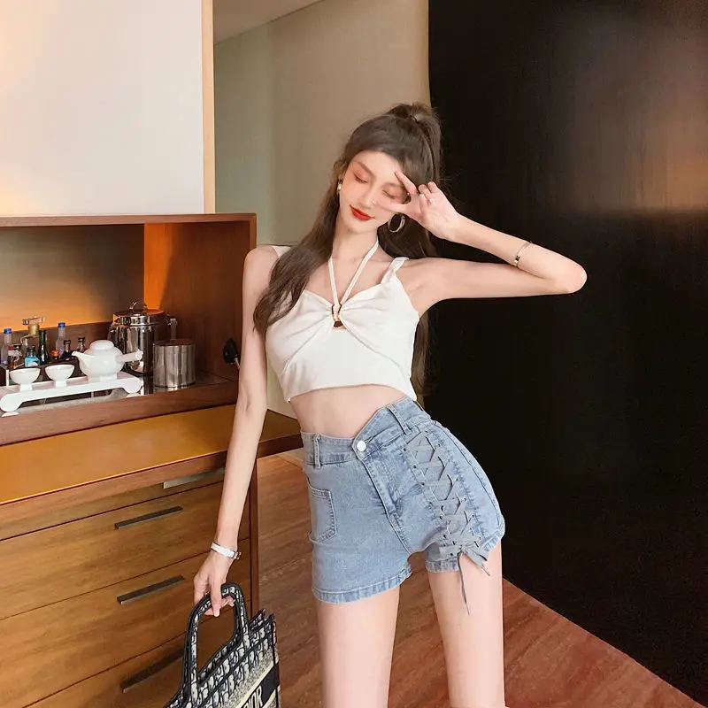 Korean Fashion Summer Women's Denim Shorts Show Thin Cross Bandage Design Sense High Waist Shorts A-line Hot Pants Women Clothes