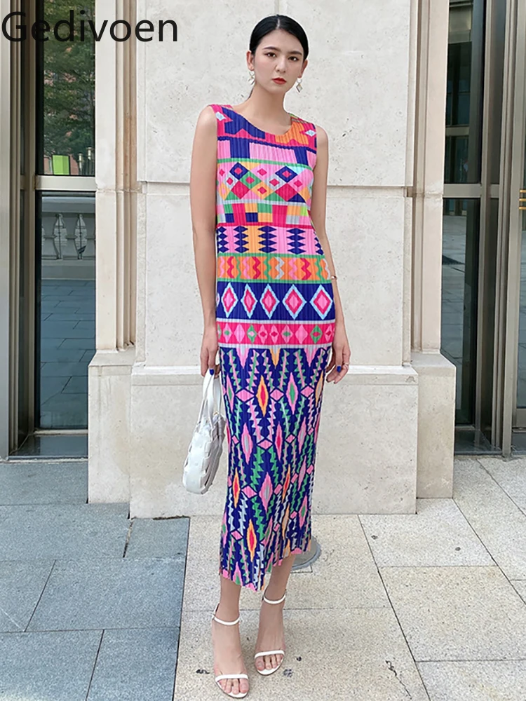 

Gedivoen High Quality Summer Women Fashion Designer Midi Dress Sleeveless Multicolor Geometric Elasticity Pleated Tank Dresses