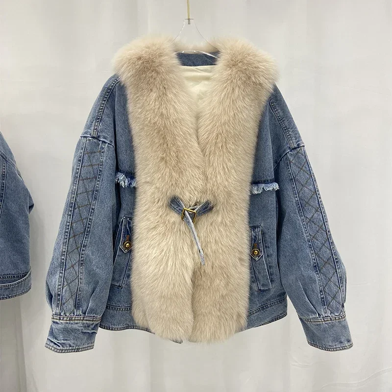 

2023 New Arrival Women Winter Real Fox Fur Collar Goose Down Jacket Warm Fox Fur Lady's Jean Coats Warm Denim Jacket