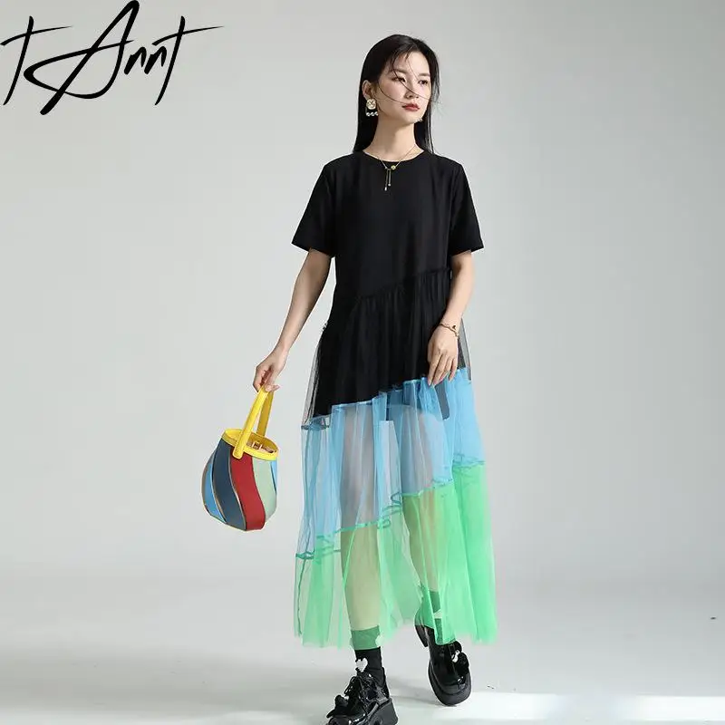 

Tannt Women Dress Mesh Patchwork Irregular T-shirt Dresses Asymmetry Color Matching Black Summer Dresses For Women 2023 New