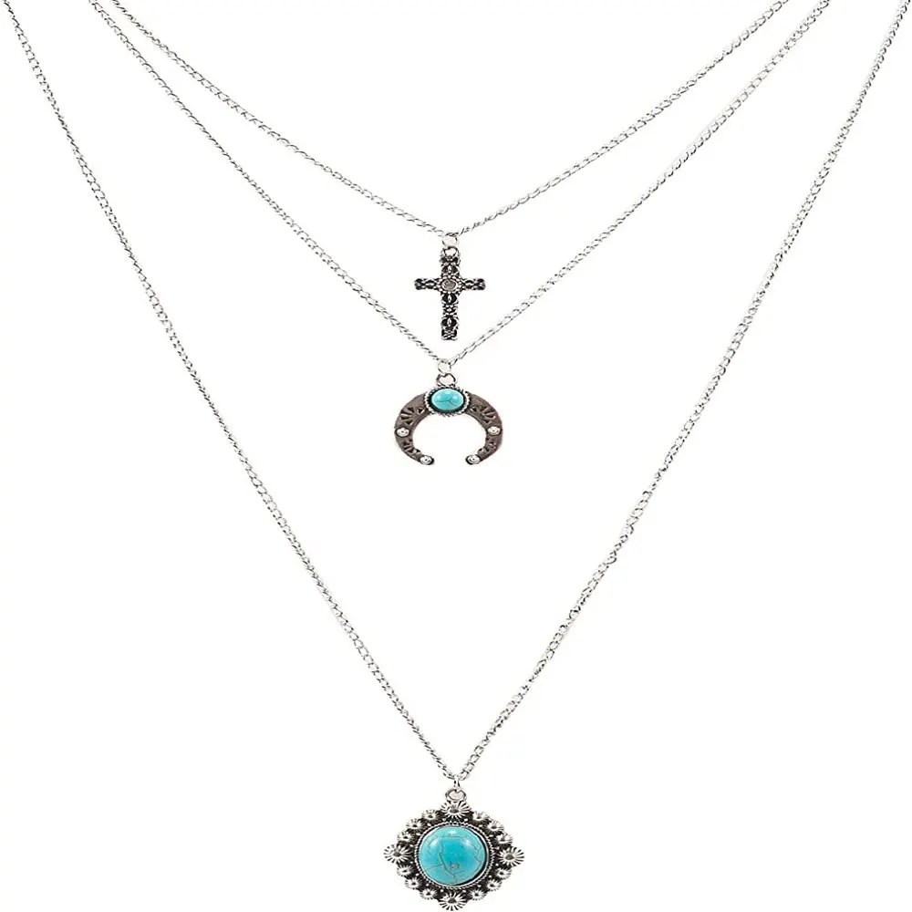 

NEW Layered Turquoise Necklaces Western Necklaces for Women Vintage Bohemian Turquoise Pendant Necklace Western Cross Necklaces