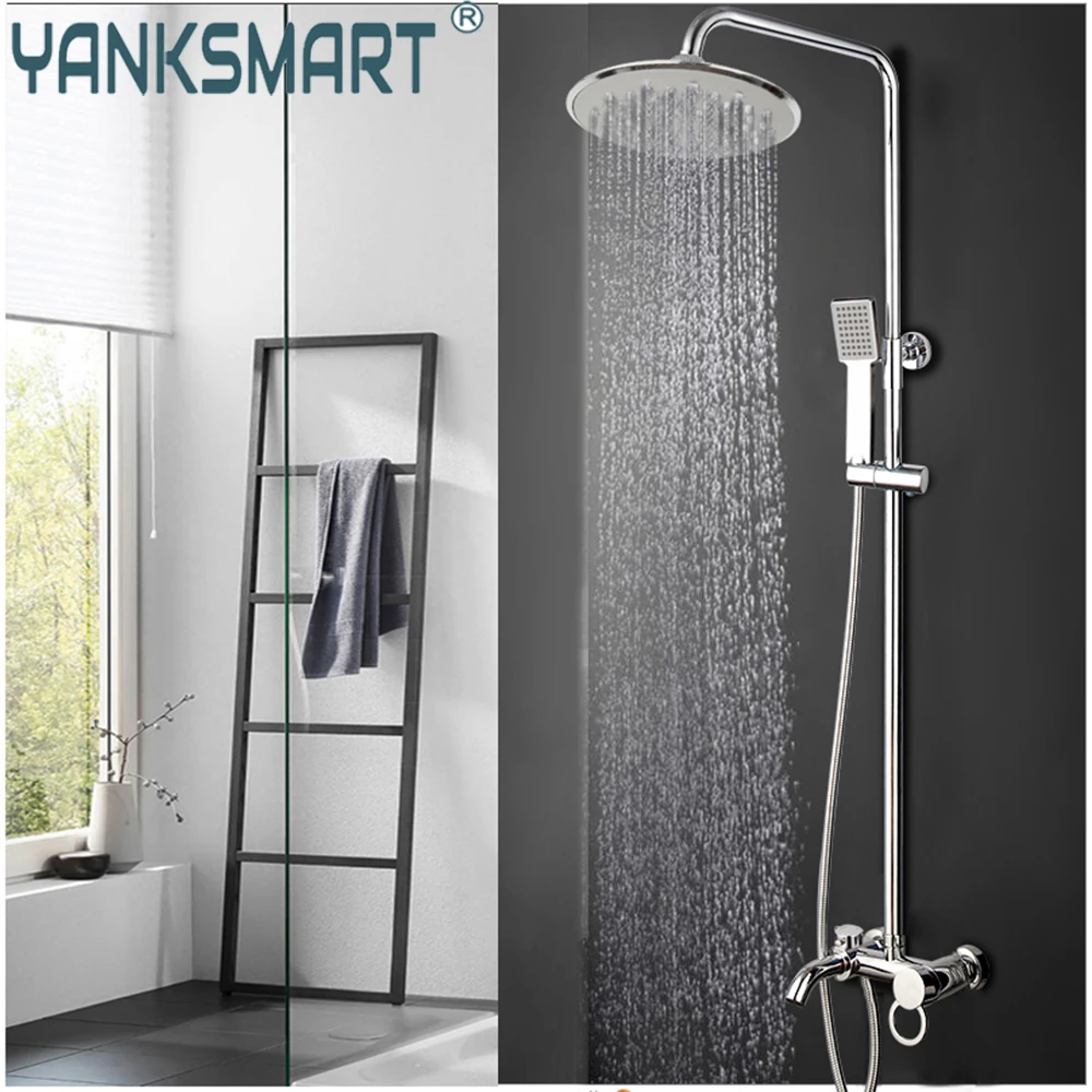 

YANKSMART Chrome Polished 8" Round Rainfall Shower Head Bathroom Faucet Set Wall Mounted Shower System Mixer Water Tap Combo Kit