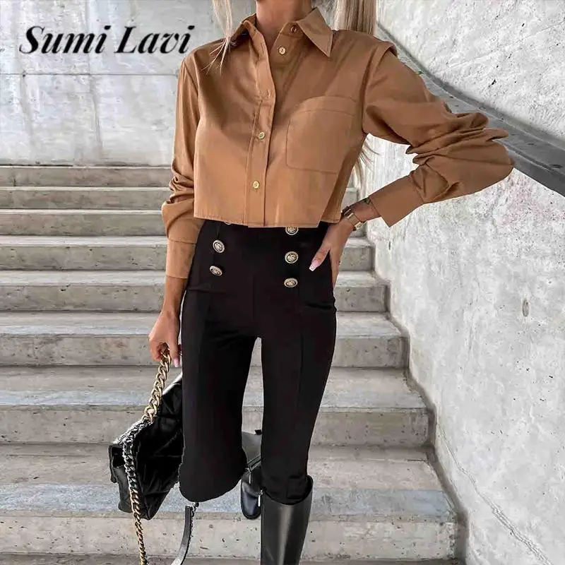

Elegant Solid Color Single Breasted Ladies Tops Women Lapel Long Sleeve Short Shirts 2023 New Autumn Female Casual Pocket Shirts