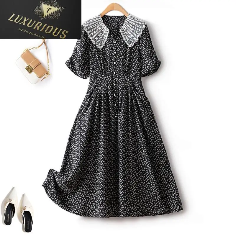 

Женское шифоновое платье в стиле ретро, длинное однобортное платье с маленьким цветочным принтом, с воротником-стойкой и поясом на резинке, лето 2023