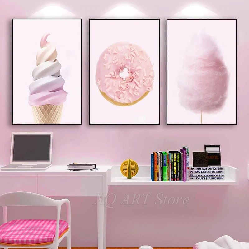 

Nordic Pink Wall Art, Donut, Ice Cream, Cotton Candy Prints, Canvas Painting, Picture for Girl Room, Dessert Shop, Home Decor