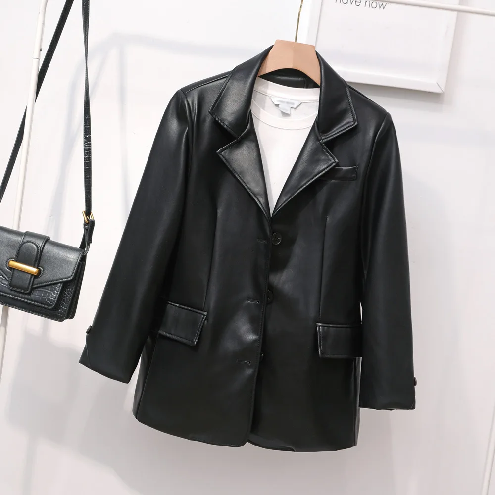 Small suit ladies spring 2023 new Korean version of leather casual suit loose British style coat