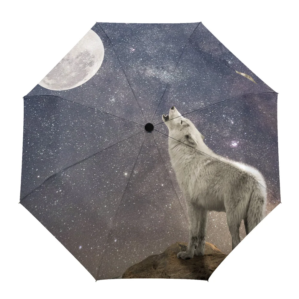 

Howling Wolf Moon Night Starry Sky Creative Umbrella Rain Women Automatic Three Folding Umbrellas Windproof Parasol Parapluie