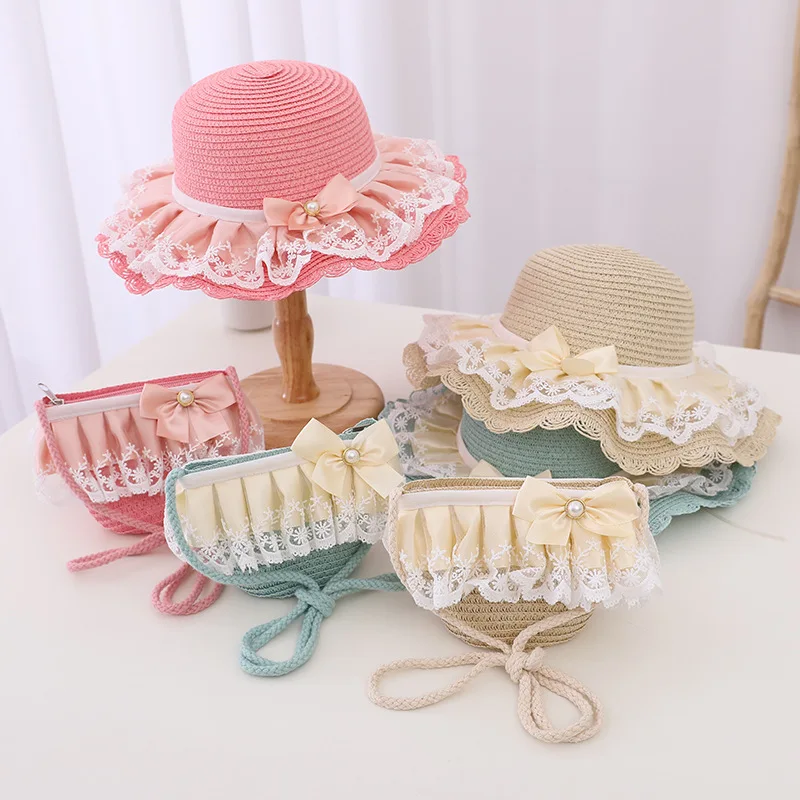 

Kids Girls Summer Lace Bow Straw Hat Shoulder Bag Lace Bucket Hat Outdoor UV Protection Beach Hat Lace Pearl Wide Brim Straw Cap