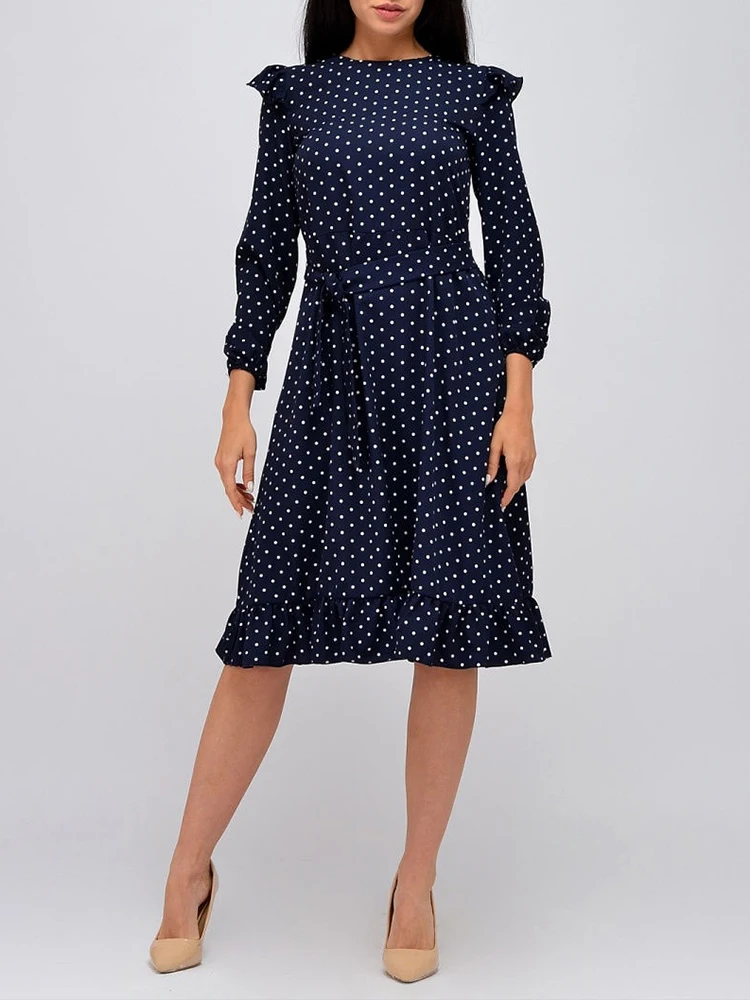 

Женское классическое платье-миди в горошек, элегантное офисное платье-трапеция в стиле ретро с О-образным вырезом и оборками, осень 2022