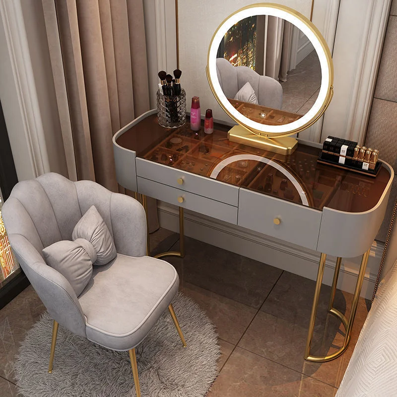 

Nordic Light Full Body Luxury Makeup Dressing Penteadeira Table LED Mirror Bedroom Vanity Mirror Dresser Cabinet Include Chair