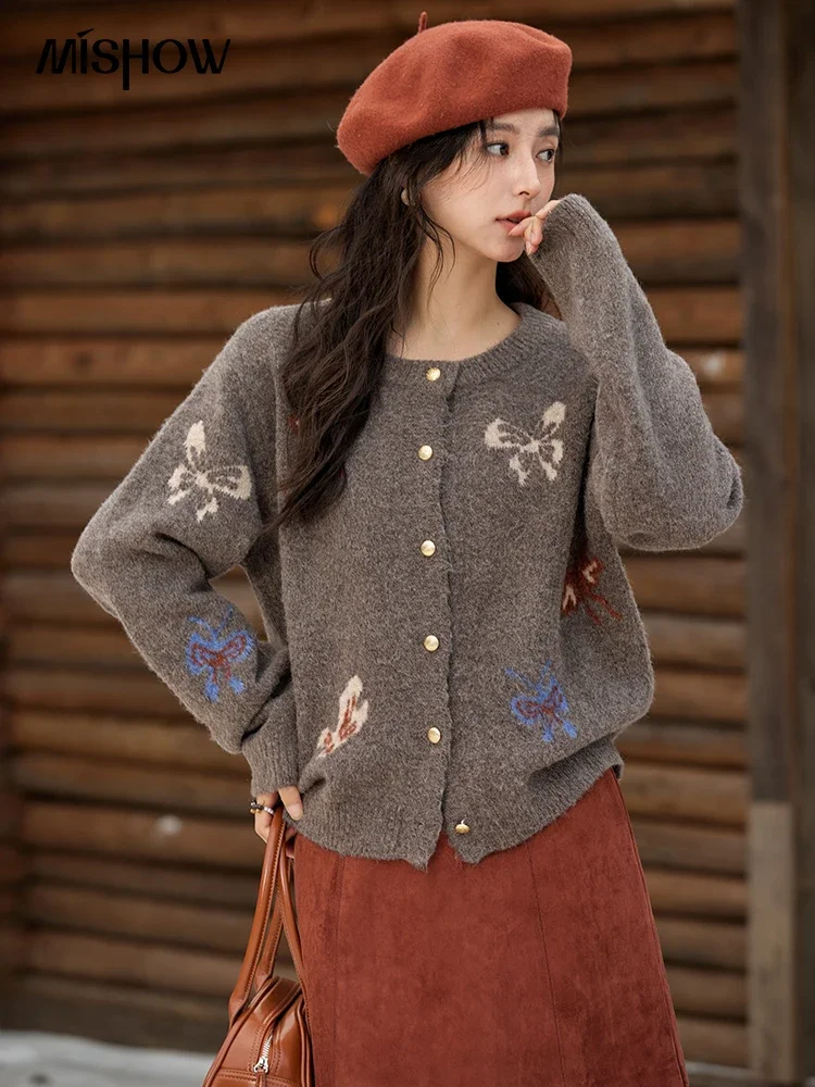 MISHOW серый короткий вязаный кардиган с бабочкой женский однобортный дизайн