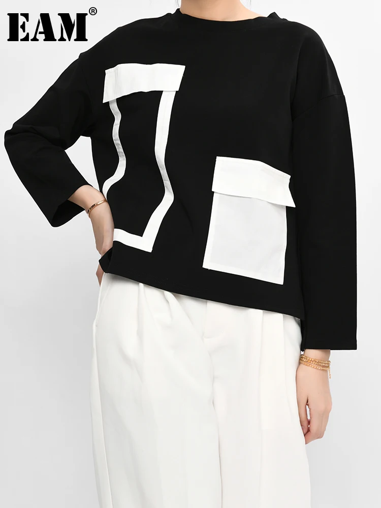 

[EAM] Women Black Pocket Contrast Color Big Size T-shirt New Round Neck Long Sleeve Fashion Tide Spring Autumn 2022 1Z20101