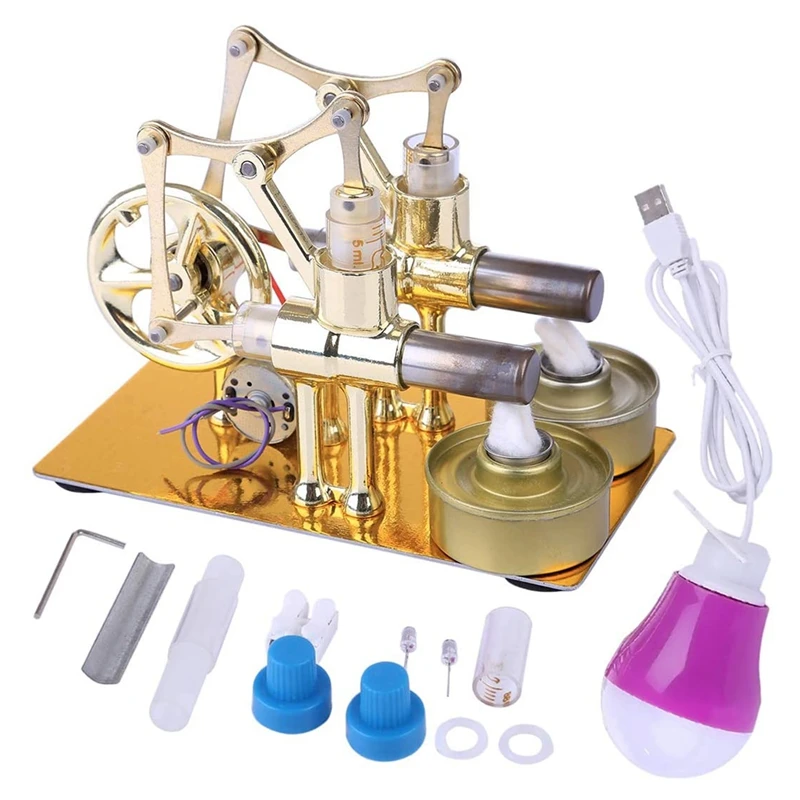 

Golden Double Cylinder Stirling Engine Model Bulb External Combustion Heat Steam Power Physics Science Experiment Engine