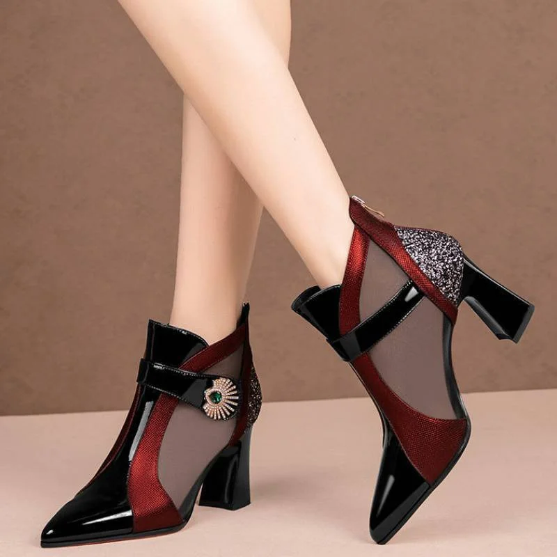 

Booties Summer Mesh Breathable Sandals with Rhinestone Decoration Shaped Heels Retro Pointed Women's Shoes Leather Boots Women