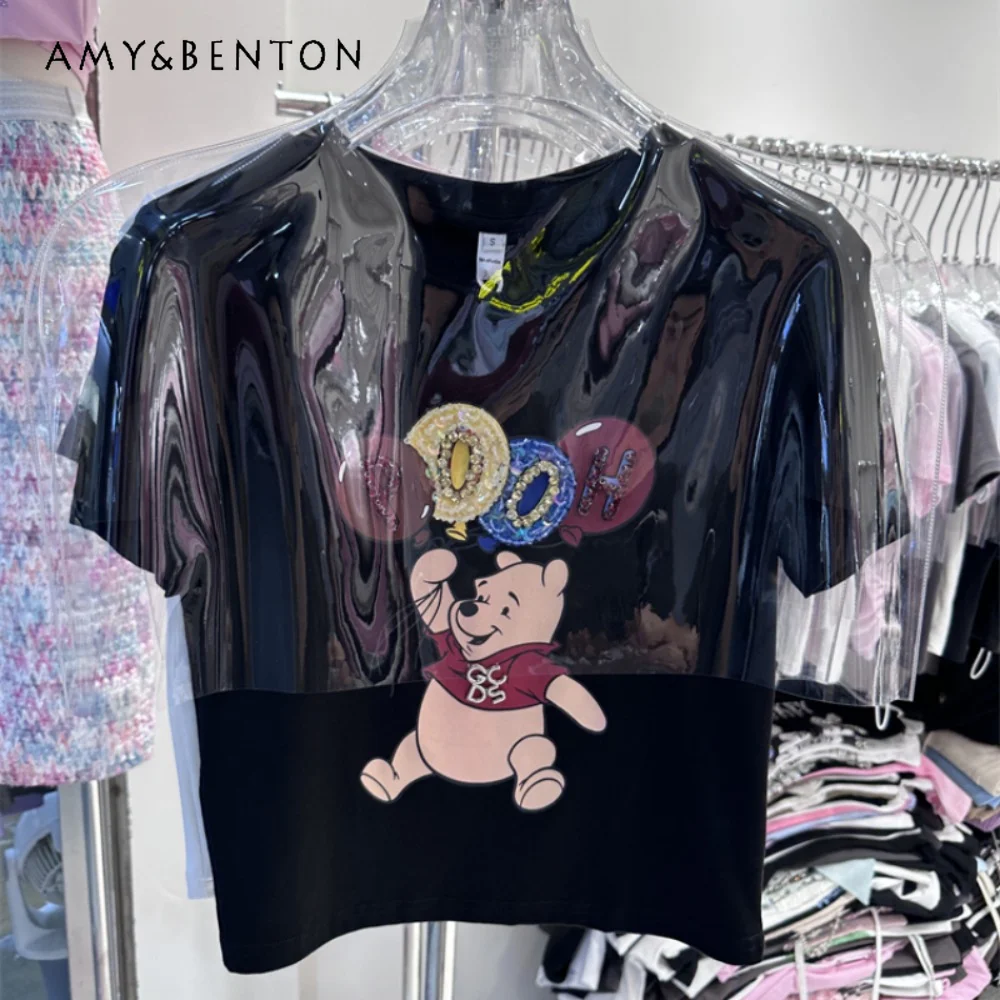 

Fashionable Cartoon Small Shirt Shoulder Slim-Fit Crop-Top Summer Bear Heavy Work Cotton Short Sleeve Tshirt Pullovers For Women