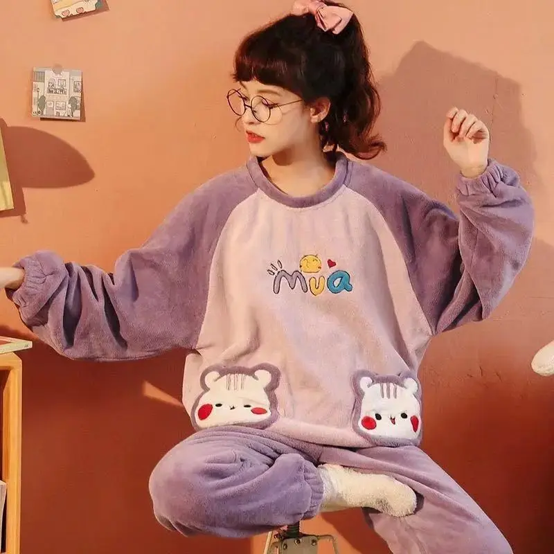 QWEEK Pajamas for Women Kawaii Dinosaur Flannel Pijamas Two Piece Set Winter Home Clothes Sleepwear Nightwear Cute Pyjamas