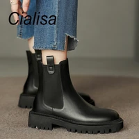 cialisa women ankle boots new autumn winter shoes round toe genuine leather fashion patchwork thick heels elastic short boots 40