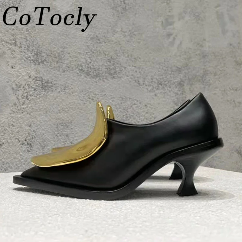 

New Metal Decoration Kitten Heels Shoes Woman Genuine Leather Pointed Toe Women Pumps Wedding Dress Designer Shoes Women