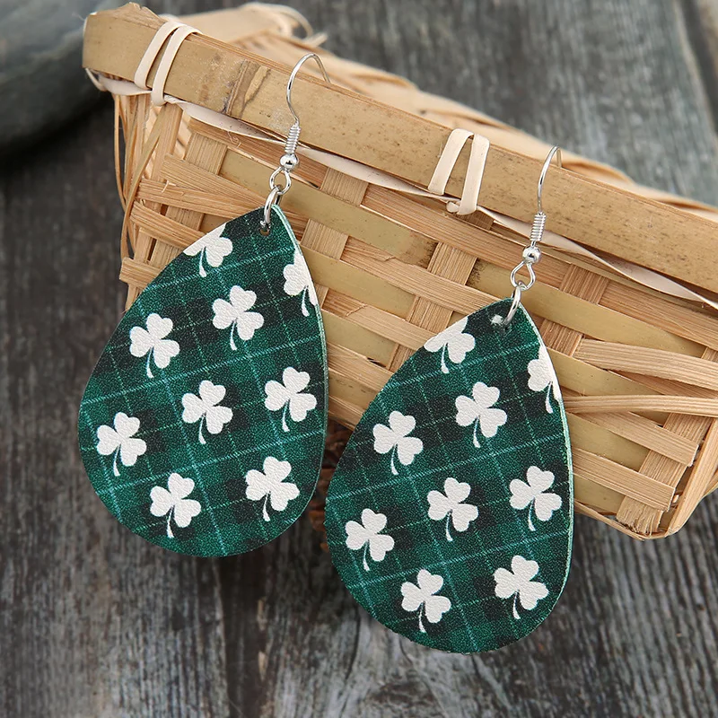

European and American St Patrick's Day Drop-shaped Simple Green Lattice Clover Double-sided Leather Earrings for Girl Wholesale