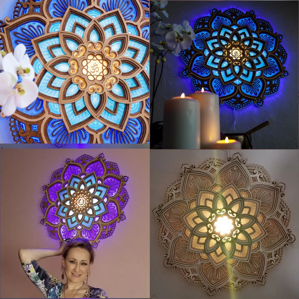 

Ночник с мандалой для йоги, светодиодный 3D Изысканный лазерный светильник резанный светильник, светодиодная атмосфера, деревянная Подвесн...