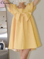 2022 summer new sweet solid color bow diamond short dress womens square neck puff sleeve loose waist dress for female