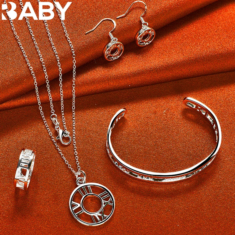 

925 Sterling Silver Roman Numeral Bangle Bracelet Rings Necklace Earrings For Women Jewelry Set Fashion Party Charms Accessories