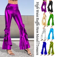 women shiny flare trousers laser metallic wetlook ruffle wide leg pants retro 70s disco hippie club trousers skinny bell bottoms