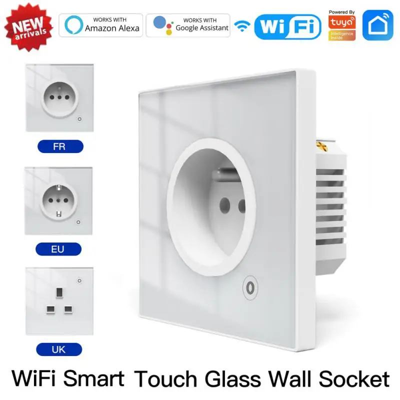 

FR/EU/UK Tuya WiFi Smart Wall Socket With Power Monitor Glass Panel Outlet Touch Plug Relay Status Light Alexa Google Home