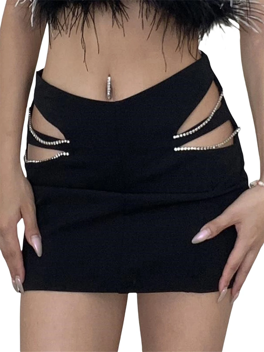 

Women Cut Out Mini Skirt Metal Patchwork Low Waisted Back Zipper Teen Girls Party Club Skirts
