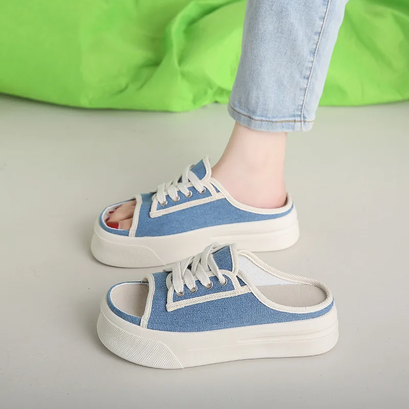 New Summer Comfortable Platform Women's Slippers Fashion Breathable Lace-up Canvas Shoes For Women Non-slip Ladies Casual Shoes