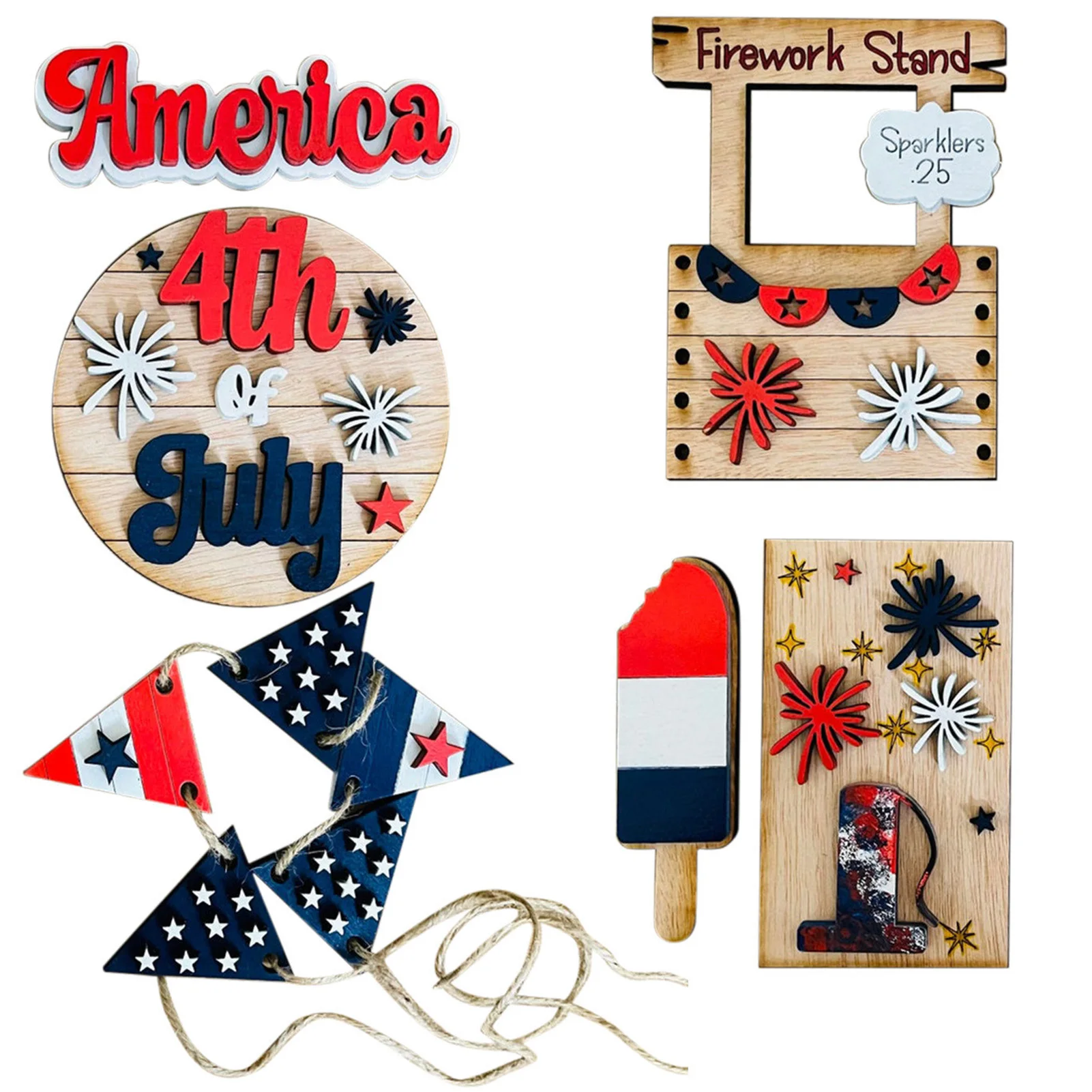 

4th Of July Tiered Tray Decor Bunting Flags Patriotic Tiered Tray Wooden Decoration Set Independence Day Home Table Decor Signs