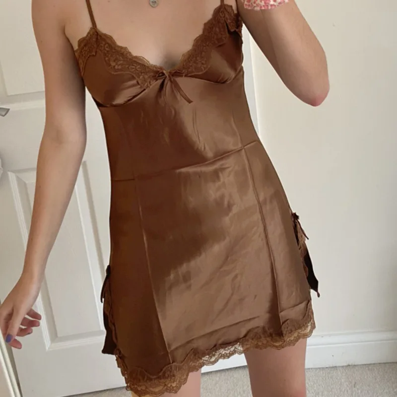 

Women 2021 Sexy Lace V Neck Nightdress Female Brown Outfits Summer Loose Dress Patchwork Slip Mini Dress Bodycon Fashion Vestido