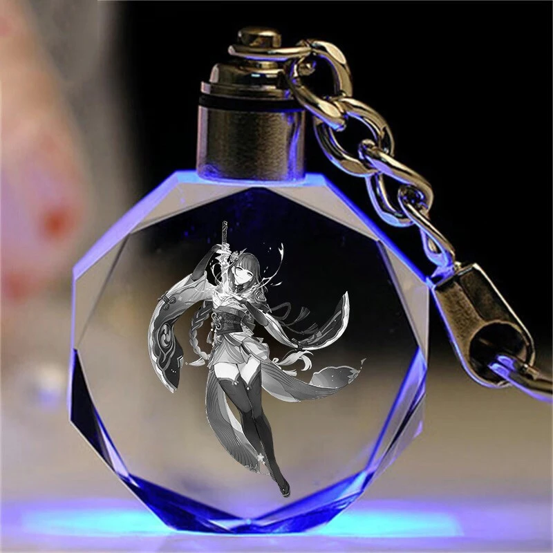 

Genshin Impact Fashion Colorful Raiden Shogun Polygon Transparent Luminous Crystal Key Chain LED Light keychain Keyring Jewelry