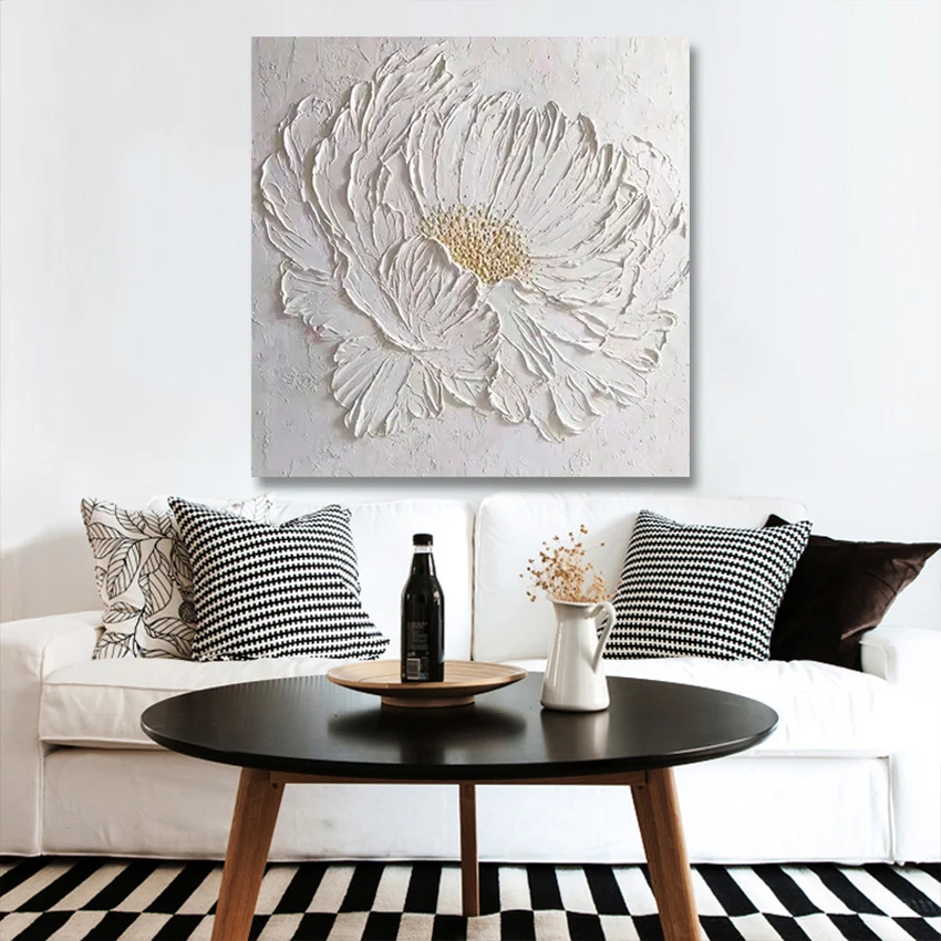 100% ручная роспись 3d абстрактный белый цветок нож картина маслом искусство стен