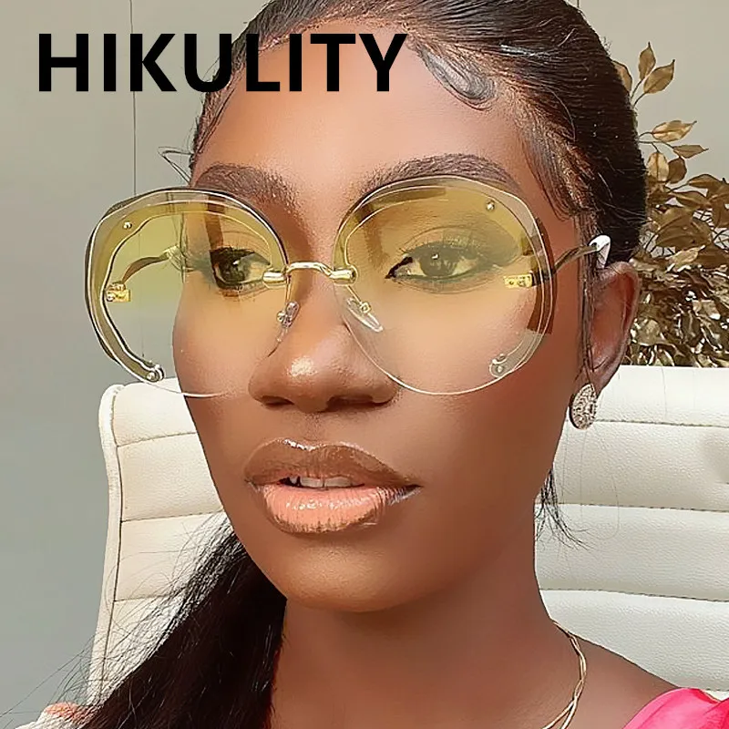 

Очки солнцезащитные женские круглые без оправы, винтажные дизайнерские очки кошачий глаз в оправе из сплава, с желтыми градиентными линзами