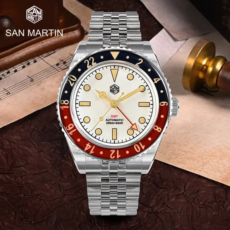 

San Martin Men Automatic Mechanical Watch 40mm Vintage GMT Full Luminous Bidirectional Bezel Sapphire 20 ATM Diver Wrist watch