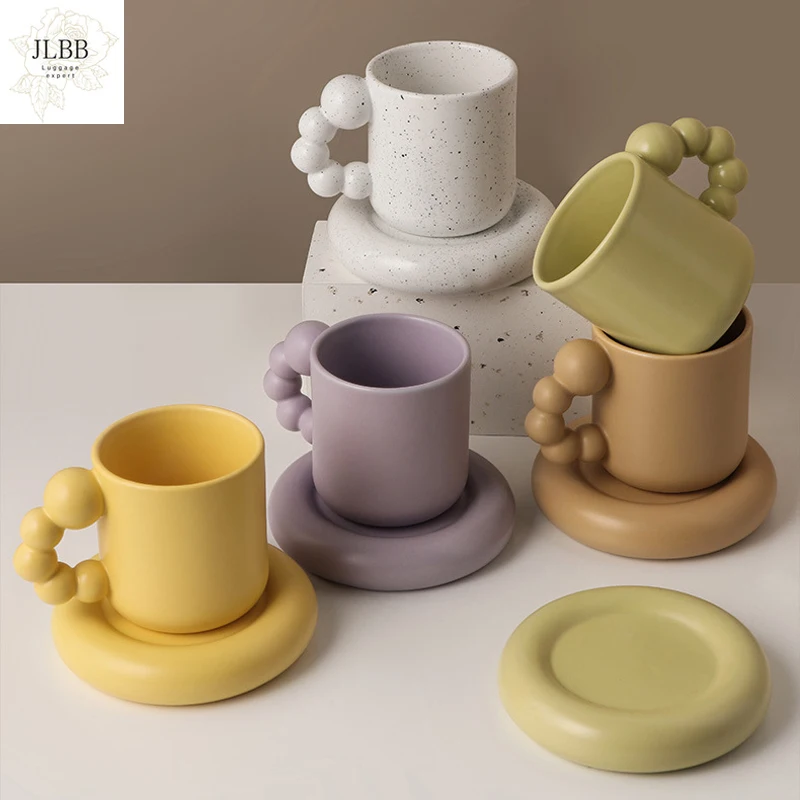 

Creative Handmade Rotating Ball Handle Mug With Round Plate Ceramic Coffee Tea Cup Saucer Nordic Kitchen Home Decor Unique Gifts